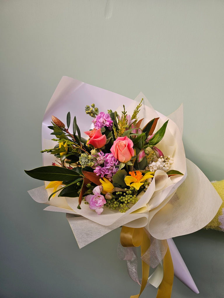 Spring is here and we want to enjoy it with a sweet posy of seasonal, spring blooms.  Please note flowers will vary to what is pictured due to availability of product, please be reassured that every bouquet will be individually created for you at The Flower Studio Kilbirnie florist  from a selection of seasonal New Zealand market fresh flowers, designed with love and care.