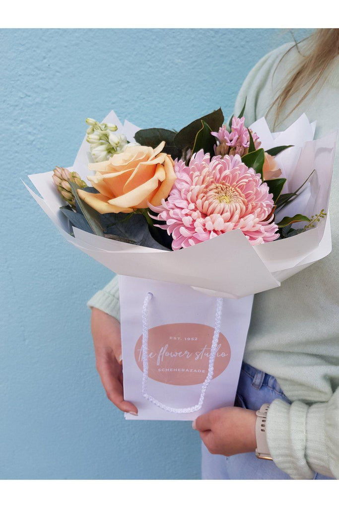You Made Me Blush The Cutest posy in town, a fresh seasonal mix arranged in our small carry bags.  Florist Kilbirnie , Florist Wellington , Lyall Bay Florist